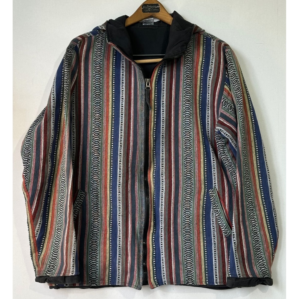 Ganesh Himal Hooded Jacket Woven Striped Lined Mens XL Multi Color Excellent